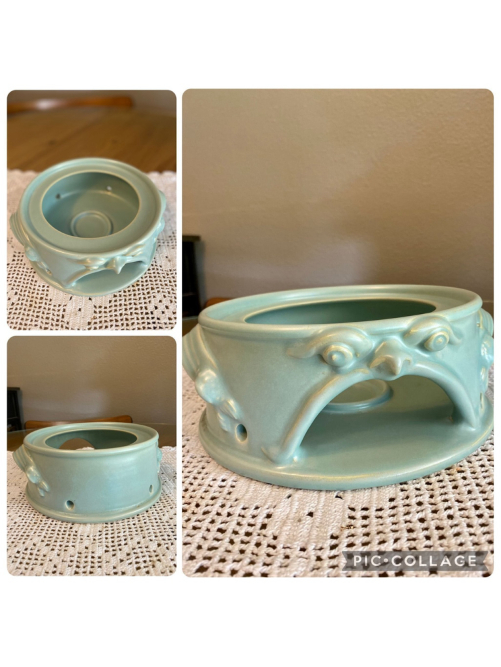 Vintage light green ceramic glazed pottery piece with face